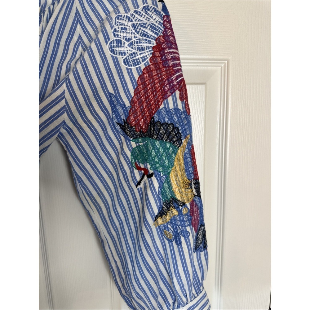 Anthropologie Seen Worn Kept Parrot Embroidered Sleeve Blouse Sz 4 Striped Boho - Picture 4 of 9